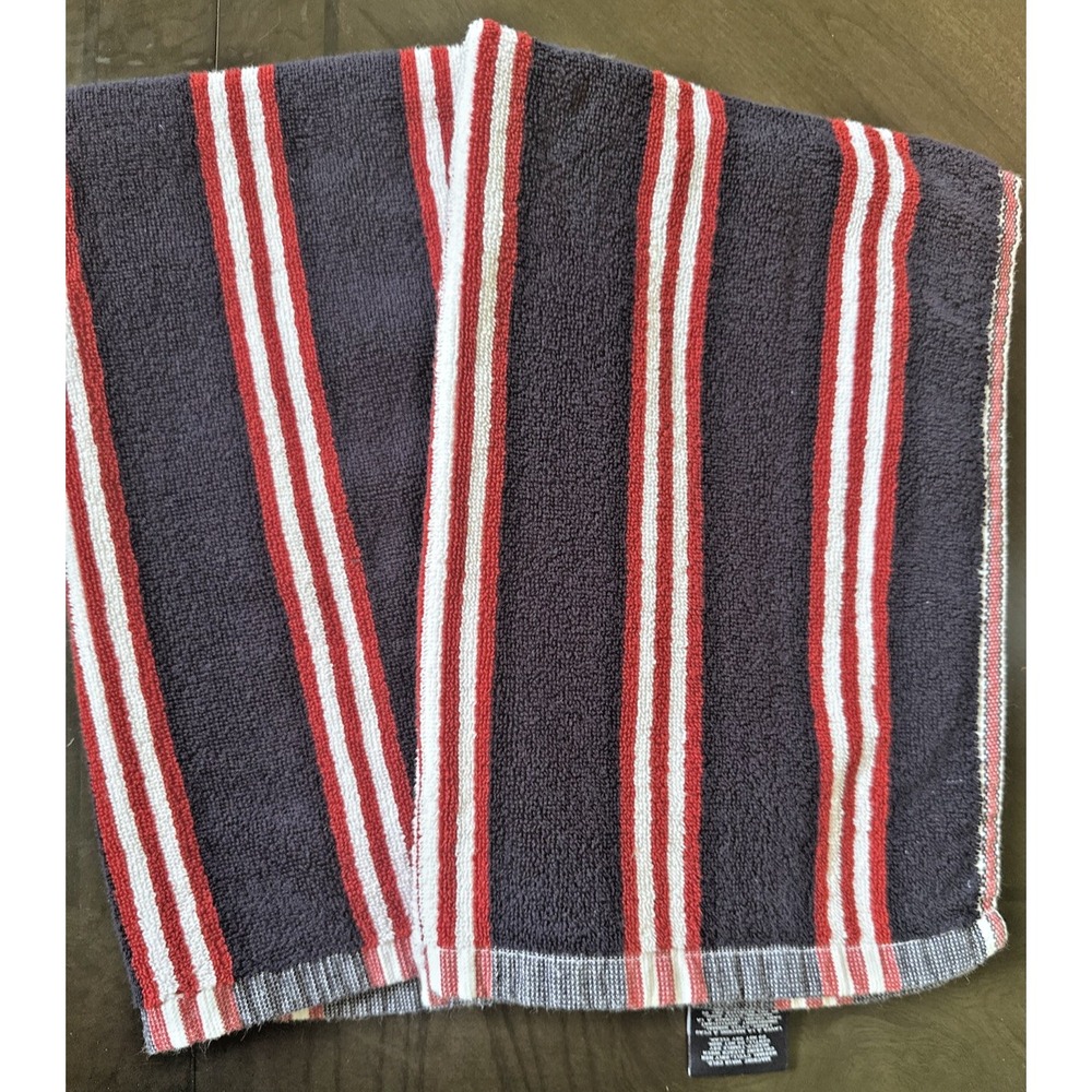 Tommy Hilfiger Stripe, Red, White Navy Hand Towel Cotton 16"X 30", Set of 2